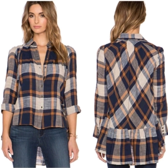 Free People Peppy in Plaid Button Up Blouse Top Ruffle sz S - Picture 1 of 8